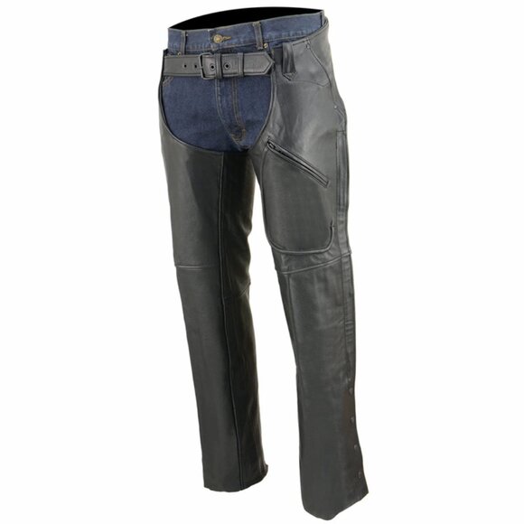 Unisex Black Premium Leather Motorcycle Rider Chaps w/ Front 3-Pockets-Size 2XS - Picture 4 of 5